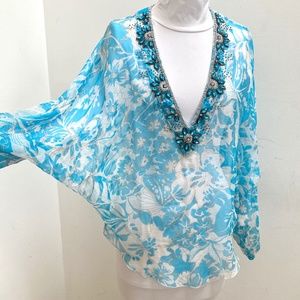 LUXURY RESORT WEAR BEADED V NECK CHIFFON PRINT BATWING TUNIC TOP SIZE M/L